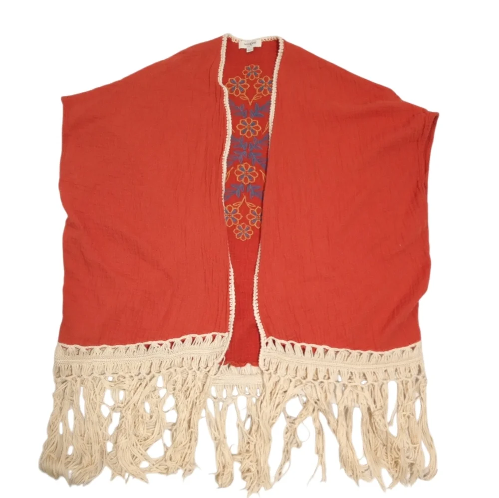 Umgee Rust Fringe Hem Boho Embroidered Floral Open Kimono Cardigan Sz S/M